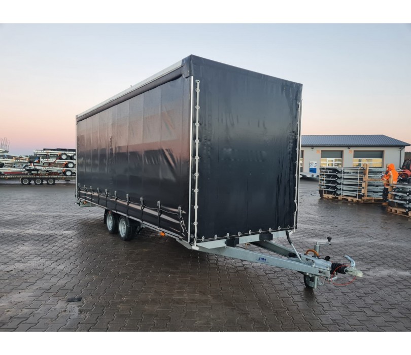 1-20.jpg Remorque porte-voitures 620 x 210 x 240 cm avec rideaux coulissants sur 2 côtés, poids total autorisé en charge jusqu'à 3 500 kg, transporteur universel – Image 1