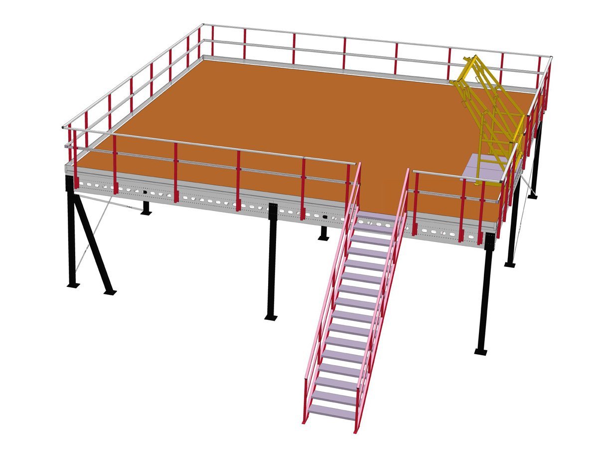 Exepde35656555512.jpg Plateforme de stockage 7x7m, capacité de charge 500 kg/m², avec escaliers, garde-corps et point de transfert – Image 1